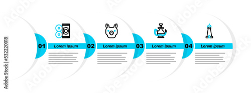 Set line Mosque tower or minaret, Hookah, Pig and Traditional carpet icon. Vector