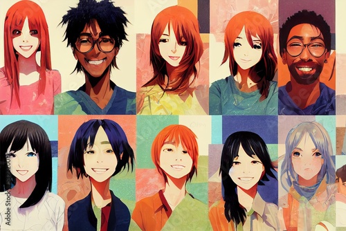 anime style, Collage of large group of smiling people composite portrait image gathered together reaching out each other 4g 5g connection contacting multiracial society 2d V1 High quality 2d © 2rogan