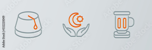 Set line Medieval goblet, Turkish hat and Star and crescent icon. Vector