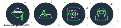 Set line Muslim man prays, No Smoking, Table food and woman niqab icon. Vector