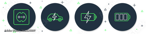 Set line Electric car, Battery, Electrical outlet and icon. Vector