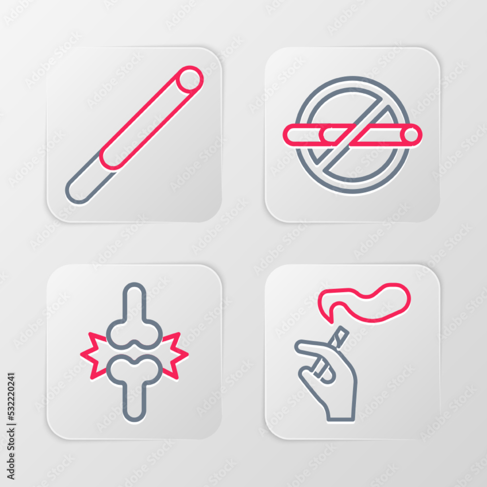 Set line Hand with smoking cigarette, Joint pain, knee pain, No and Cigarette icon. Vector