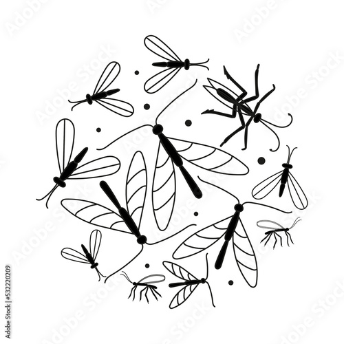 vector illustration of insect silhouettes, set hand drawing on isolated background.