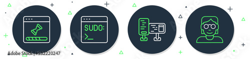 Set line Code terminal, Computer monitor screen, Loading data window and Hacker coder icon. Vector