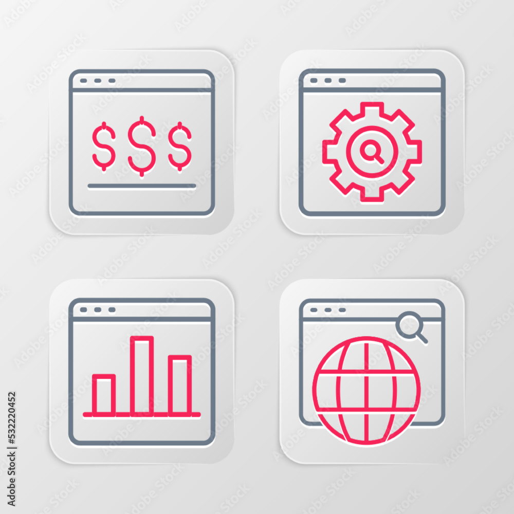Set line Search engine, Graph chart infographic, Browser setting and Online shopping on screen icon. Vector Set line Search engine, Graph chart infographic, Browser setting and Online shopping on screen icon. Vector