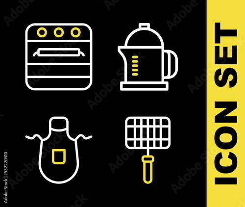 Set line French press, Barbecue steel grid, Kitchen apron and Oven icon. Vector