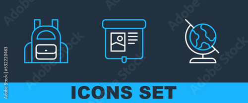 Set line Earth globe, School backpack and Projection screen icon. Vector