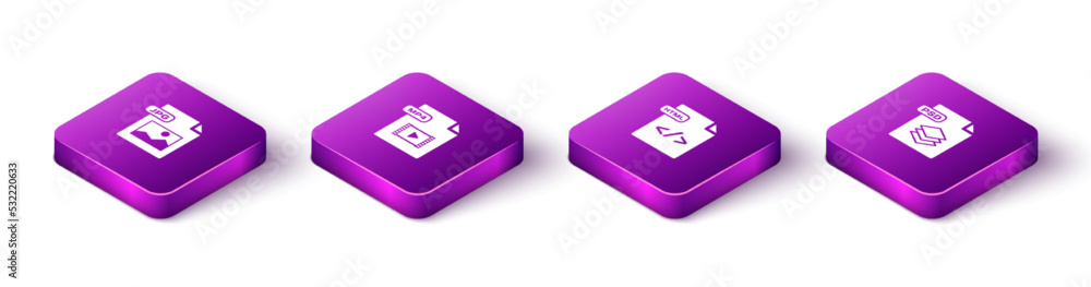 Set Isometric JPG file document, MP4, HTML and PSD icon. Vector