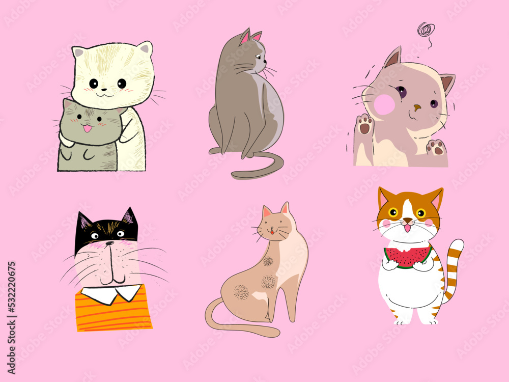 Set of cat, kitten icon character pet animal vector illustration. Isolated on background.