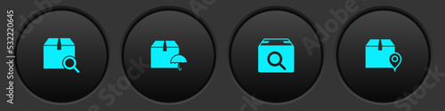 Set Search package, Delivery with umbrella, and Location cardboard box icon. Vector