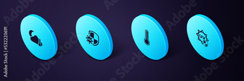 Set Isometric UV protection, Meteorology thermometer, and Thermometer and cloud, moon icon. Vector