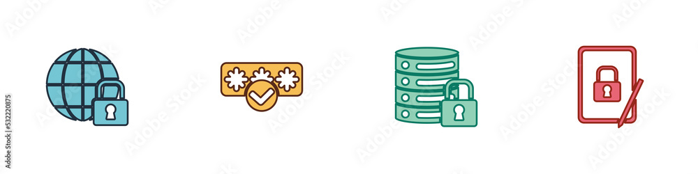 Set Global lockdown, Password protection, Server security with and Tablet closed padlock icon. Vector