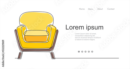 continuous line drawing of spacious modern armchair. Can used for logo, emblem, slide show and banner. Illustration with quote template. One line vector illustration. 