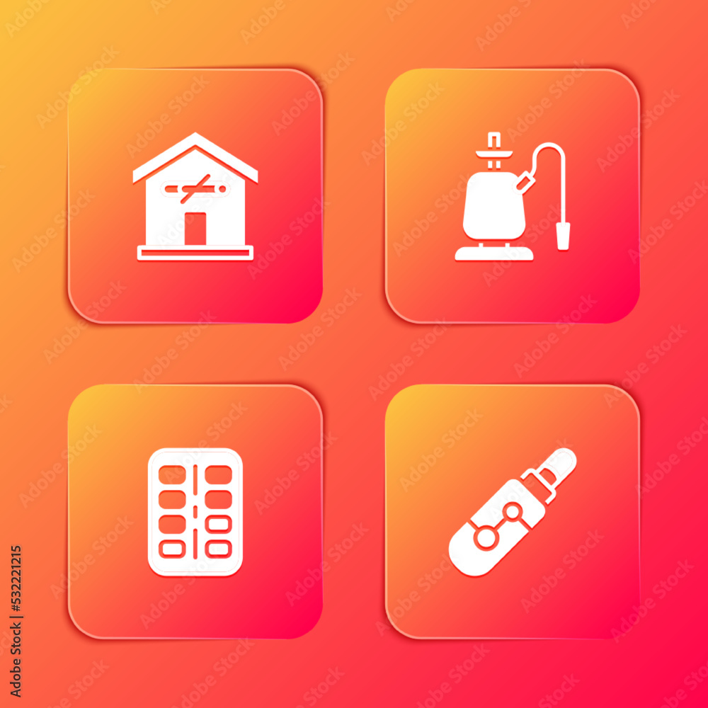 Set No smoking at home, Hookah, Nicotine gum blister pack and Electronic cigarette icon. Vector Set No smoking at home, Hookah, Nicotine gum blister pack and Electronic cigarette icon. Vector