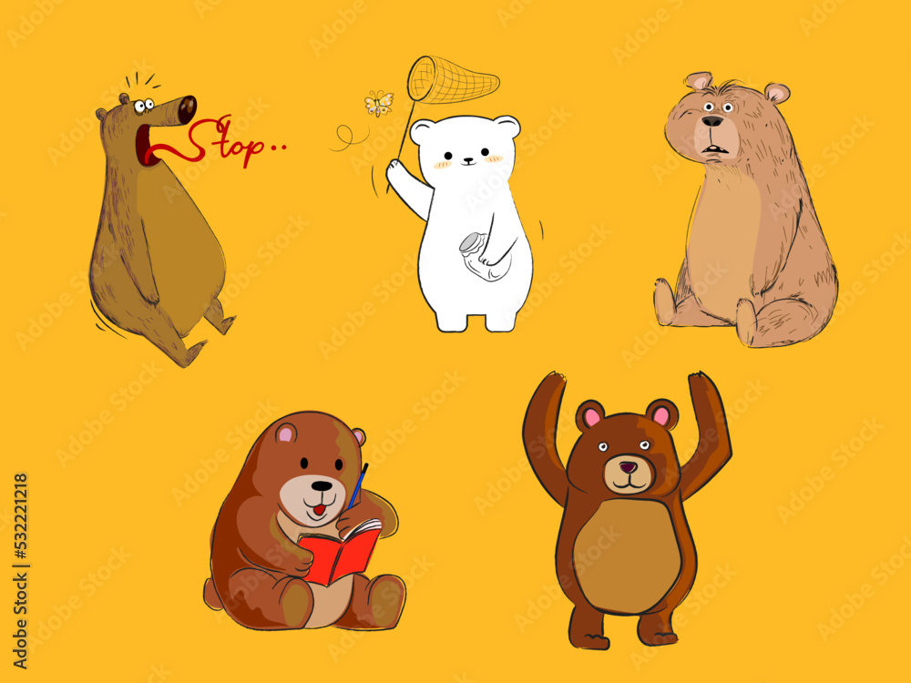 Fototapeta premium Set of cute bears cartoon animal character vector illustration.