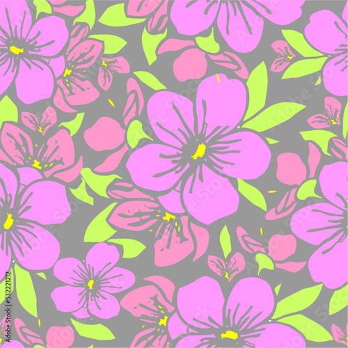 symmetrical seamless pattern of pink flowers on a gray background, texture, design