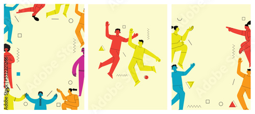 Young men and women with abstract geometric shapes. Team building and teamwork concept. Business partnership  cooperation and communication. Modern flat cartoon style.