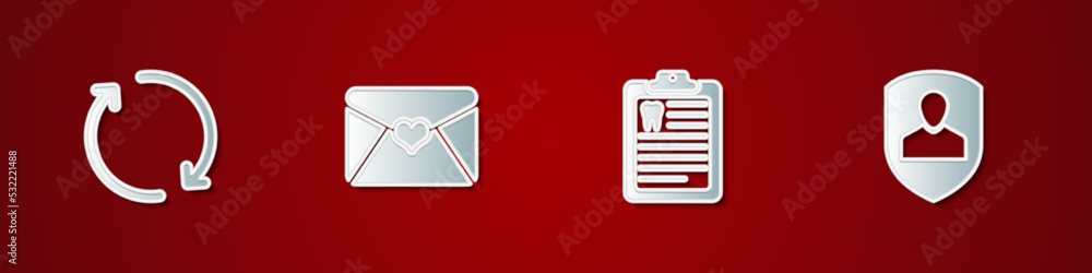 Set Refresh, Envelope with Valentine heart, Clipboard dental card and User protection icon. Vector Set Refresh, Envelope with Valentine heart, Clipboard dental card and User protection icon. Vector