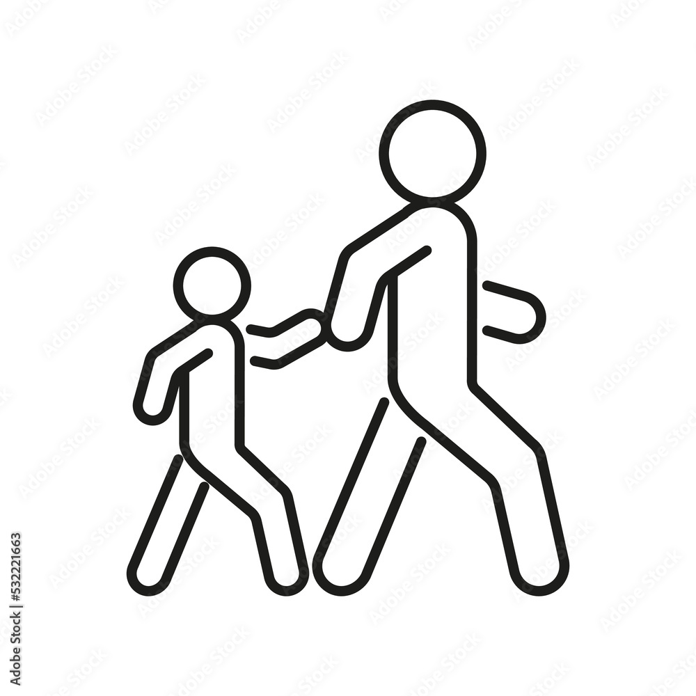 Pedestrian adult person and child, family on road, line icon. Safely cross road and walk symbol. Vector Pedestrian adult person and child, family on road, line icon. Safely cross road and walk symbol. Vector