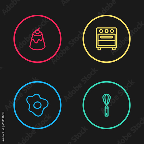 Set line Scrambled eggs, Kitchen whisk, Oven and Pudding custard icon. Vector