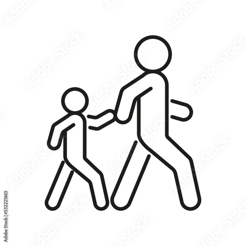 Pedestrian adult person and child, family on road, line icon. Safely cross road and walk symbol. Vector