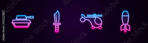 Set line Military tank, knife, Helicopter and Rocket launcher. Glowing neon icon. Vector