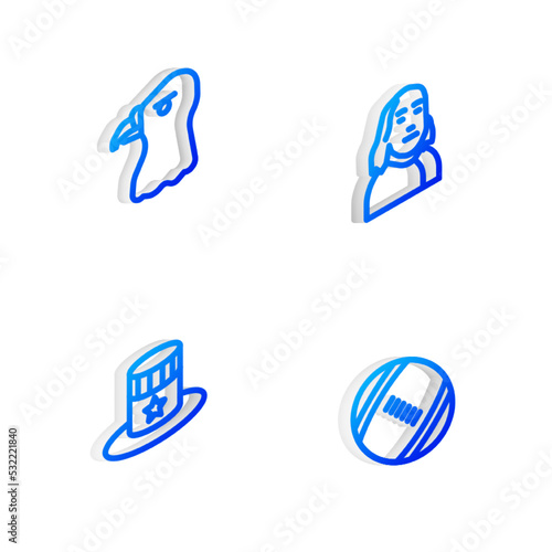 Set Isometric line Benjamin Franklin, Eagle head, Patriotic American top hat and Football ball icon. Vector