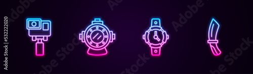Set line Action extreme camera, Aqualung, Diving watch and knife. Glowing neon icon. Vector