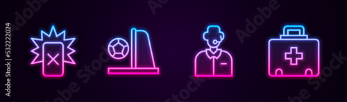 Set line Red card football, Football goal with, or soccer commentator and First aid kit. Glowing neon icon. Vector
