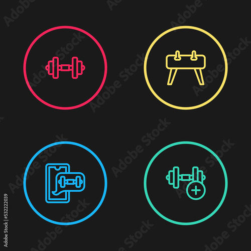 Set line Fitness app, Dumbbell, Pommel horse and icon. Vector