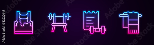 Set line Sweaty sleeveless t-shirt, Bench with barbell, Sport training program and Towel on hanger. Glowing neon icon. Vector