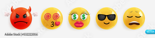 Emotion Realistic 3d Render. Set Icon Smile Emoji. Vector yellow glossy emoticons.