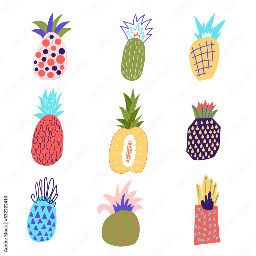 Set of stylized pineapples of various texture isolated on white background. Bundle of tropical fresh juicy fruits. Colored hand drawn vector illustration in trendy doodle style for T-shirt print.