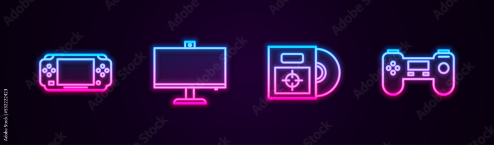 Set line Portable video game console, Computer monitor, CD DVD disk in box and Gamepad. Glowing neon icon. Vector Set line Portable video game console, Computer monitor, CD DVD disk in box and Gamepad. Glowing neon icon. Vector