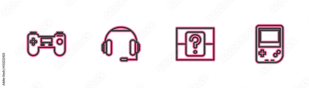 Set line Gamepad, Mystery or random box, Headphones and Portable video game console icon. Vector Set line Gamepad, Mystery or random box, Headphones and Portable video game console icon. Vector
