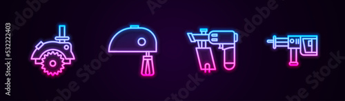 Set line Electric circular saw, mixer, Nail gun and Rotary hammer drill machine. Glowing neon icon. Vector