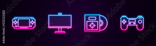 Set line Portable video game console, Computer monitor, CD DVD disk in box and Gamepad. Glowing neon icon. Vector