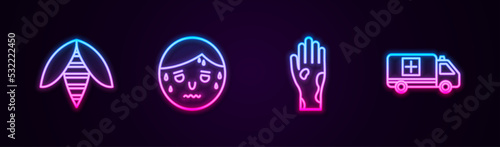 Set line Bee, Man with excessive sweating, Hand psoriasis or eczema and Emergency car. Glowing neon icon. Vector