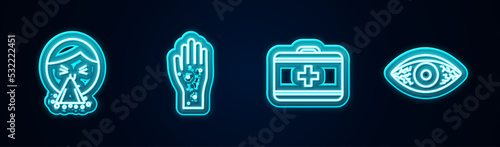 Set line Handkerchief to his runny nose, with psoriasis or eczema, First aid kit and Reddish eye allergic conjunctivitis. Glowing neon icon. Vector