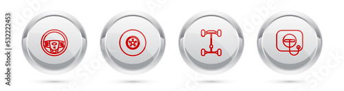 Set line Steering wheel, Car brake disk, Chassis car and Oil filler cap at gas station. Silver circle button. Vector