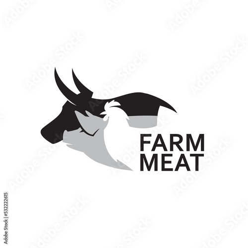 label of farm animals cow, chicken and pig isolated on white background