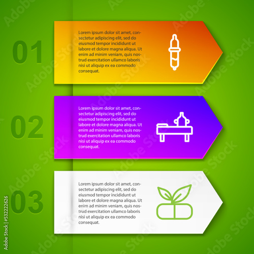 Set line Pipette, Massage table with oil, Medical pill plant and Citrus fruit. Business infographic template. Vector