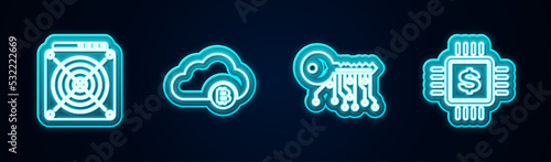 Set line ASIC Miner, Cryptocurrency cloud mining, key and Processor chip with dollar. Glowing neon icon. Vector