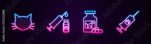 Set line Cat, Syringe with pet vaccine, Dog medicine bottle and pills and . Glowing neon icon. Vector