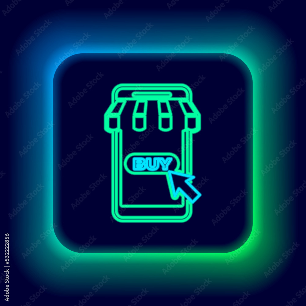 Glowing neon line Mobile phone and shopping cart with striped awning icon isolated on black background. Online buying symbol. Supermarket basket symbol. Colorful outline concept. Vector