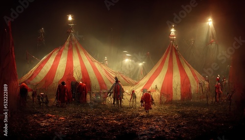 3D rendering of a people standing in front of the colorful circus tent during the night