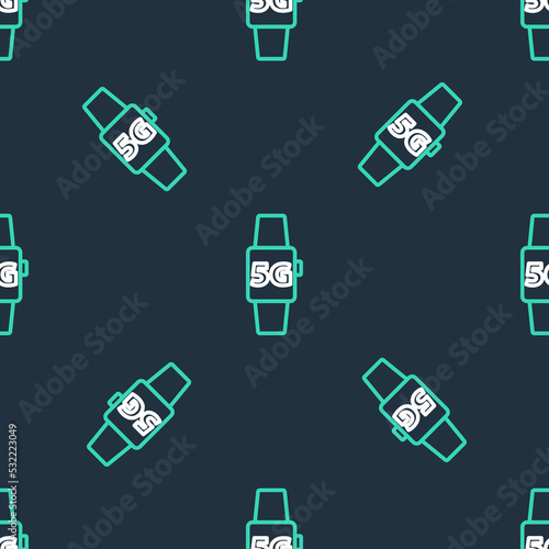 Line Smart watch 5G new wireless internet wifi icon isolated seamless pattern on black background. Global network high speed connection data rate technology. Vector © vector_v