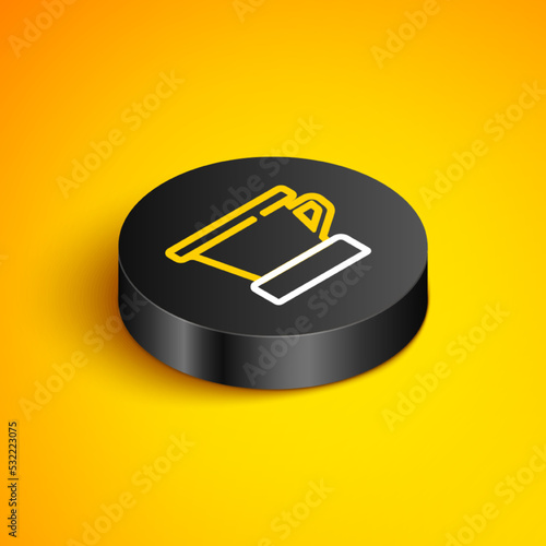 Isometric line V60 coffee maker icon isolated on yellow background. Black circle button. Vector