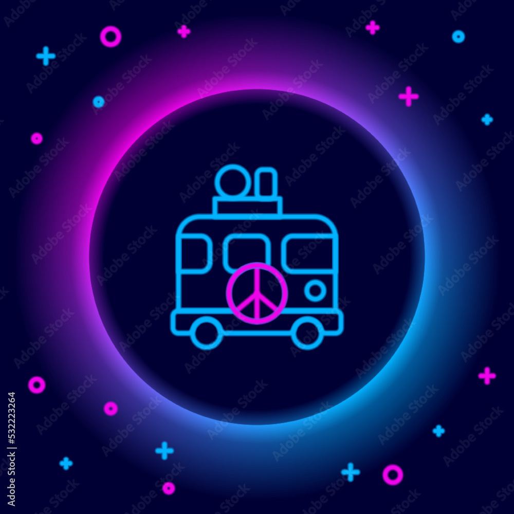 Glowing neon line Hippie camper van icon isolated on black background. Travel by vintage bus. Tourism, summer holiday. Colorful outline concept. Vector Glowing neon line Hippie camper van icon isolated on black background. Travel by vintage bus. Tourism, summer holiday. Colorful outline concept. Vector