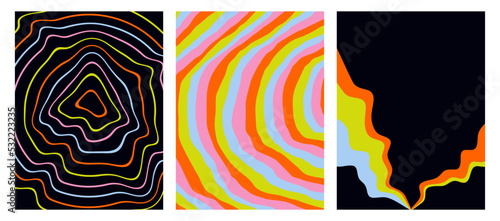 Set of modern colorful retro backgrounds. Vector posters in the style of the 90s. Hypnotic, distorted wavy pattern. Trendy Graphic Template. illustration for posters, invitations, covers, postcards